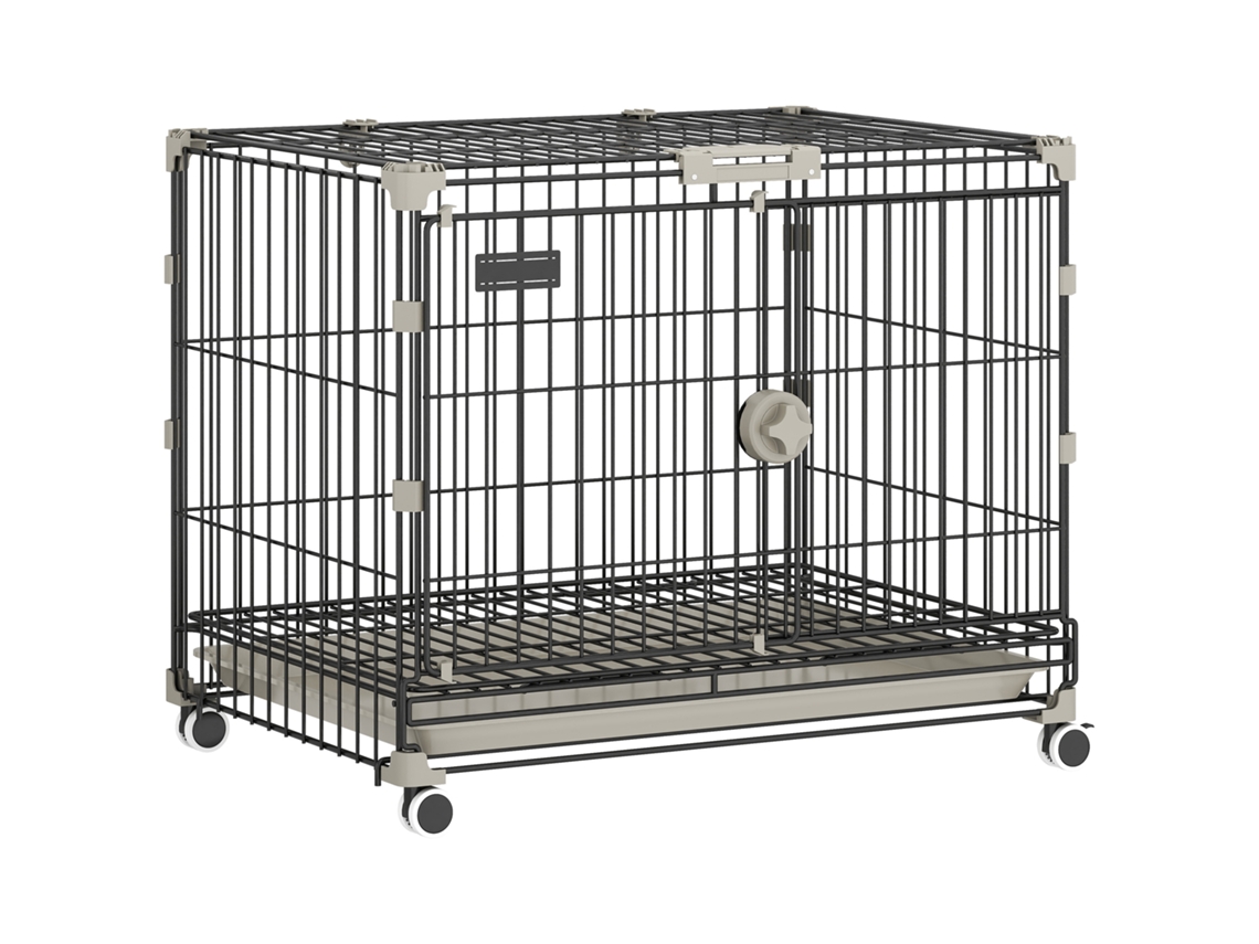 Caixa Dobrável para Cães. Bandeja Removível. Rodas com Freios. Teto Solar com Tranca. 60,5x45,5x54,5cm. Preto Ge