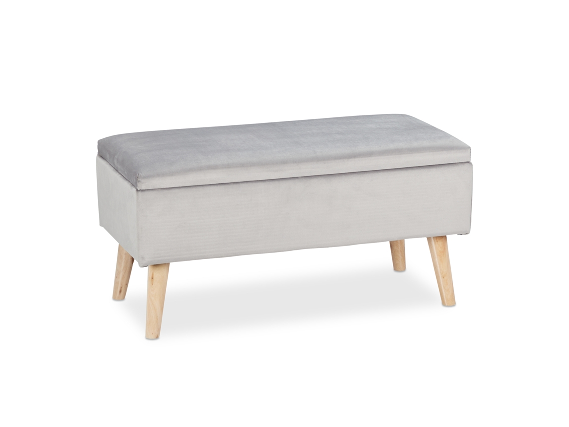 Relaxdays Banco Com Armazenamento, Veludo, 40 L, Estofado, Pernas De Madeira, 2 Lugares, 41 X 80 X 40 Cm, Cinza Claro