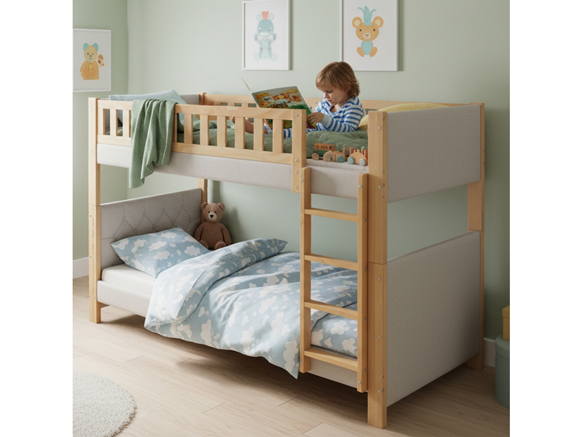 Cama De Berço Infantil 90x200cm Com Bordas Anticolisão E Escada 4 Etapas Cinza+natural