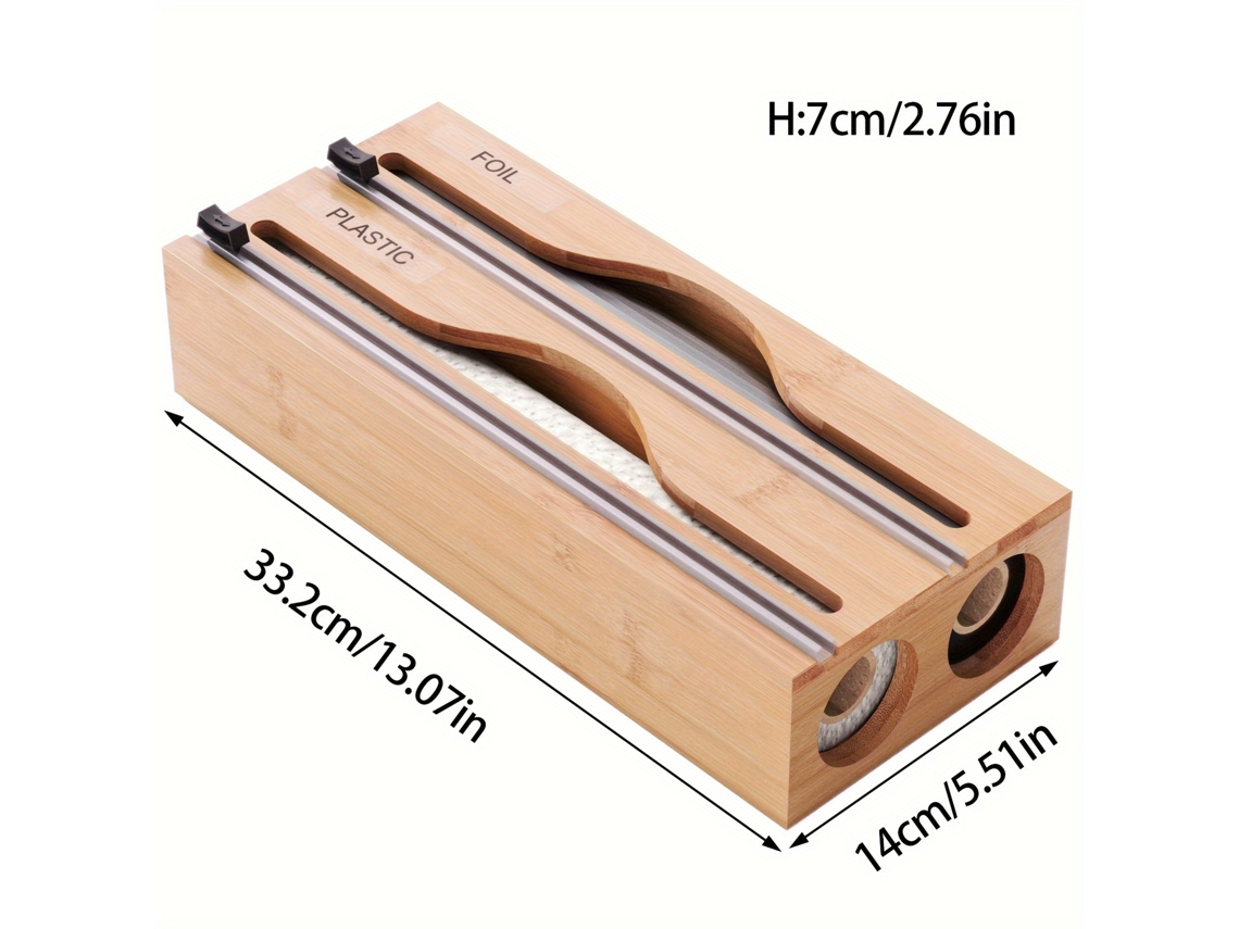 Dispensador 2 Em 1 De Bambu Para Papel Alumínio, Manteiga E Vegetal Com Cortador.