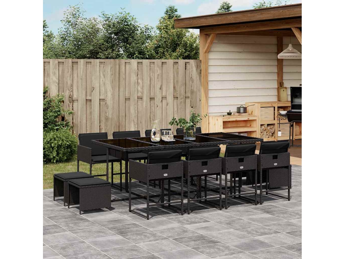 Vidaxl 13 Pcs Conjunto De Jantar P/jardim Com Almofadões Vime Pe Preto