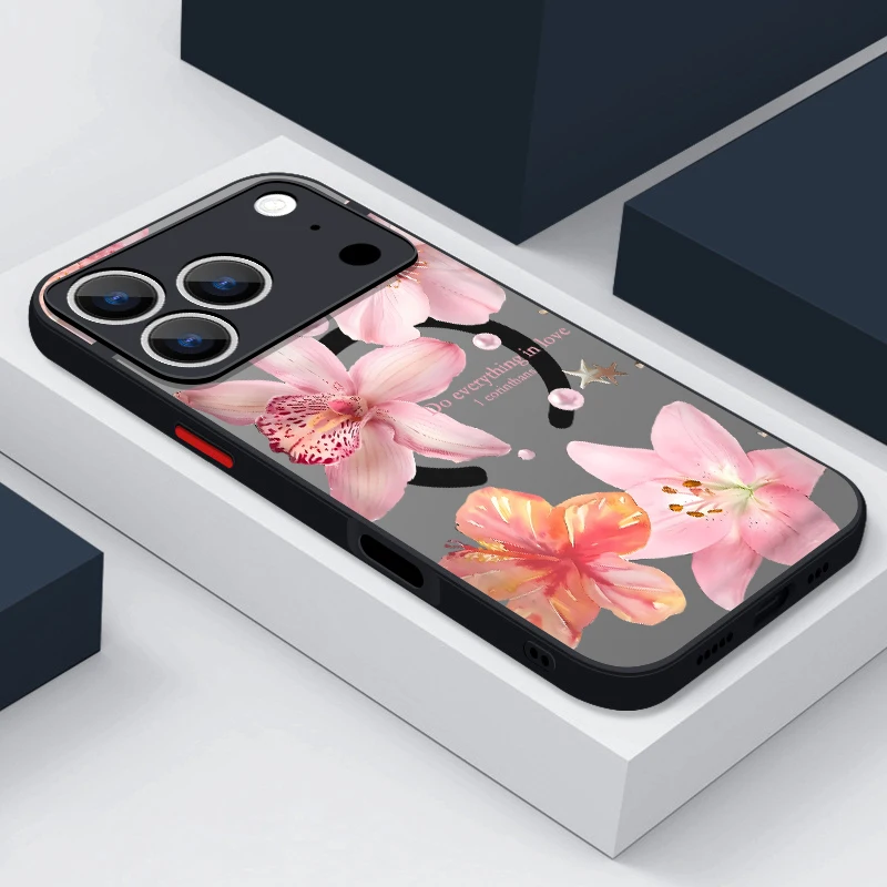 (preto) Capa Magnética Realista Com Estampa De Flor Para Iphone 12, Compatível Com A Interface Magnética Magsafe.