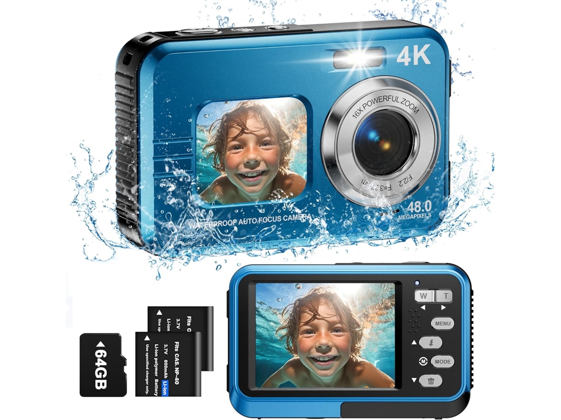 Câmara Subaquática Câmara À Prova de Água 4K Câmara Digital Compacta Portátil À Prova de Água 48 Mp com Autofoco Ecrãs Duplos para Selfies BISBISOUS