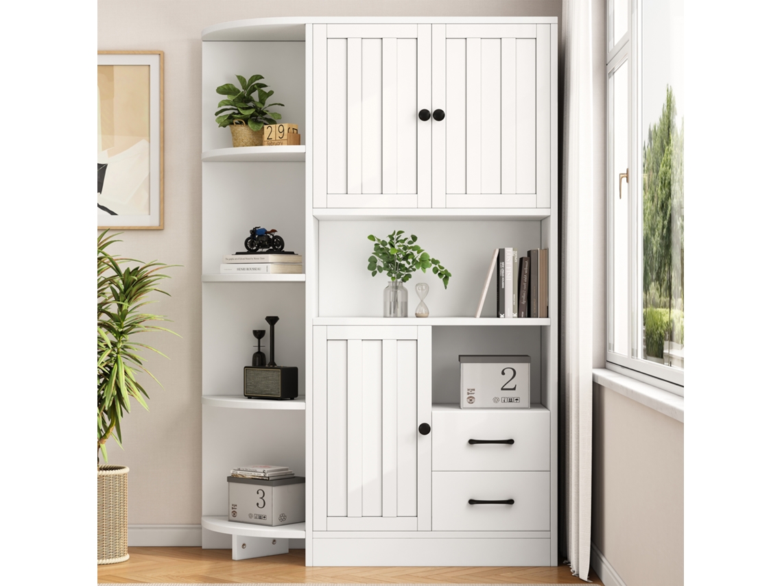 Armário De Canto 104x35x155cm, 3 Compartimentos E 2 Gavetas, 14 Espaços, Branco, Para Sala, Livros E Organização Geral.