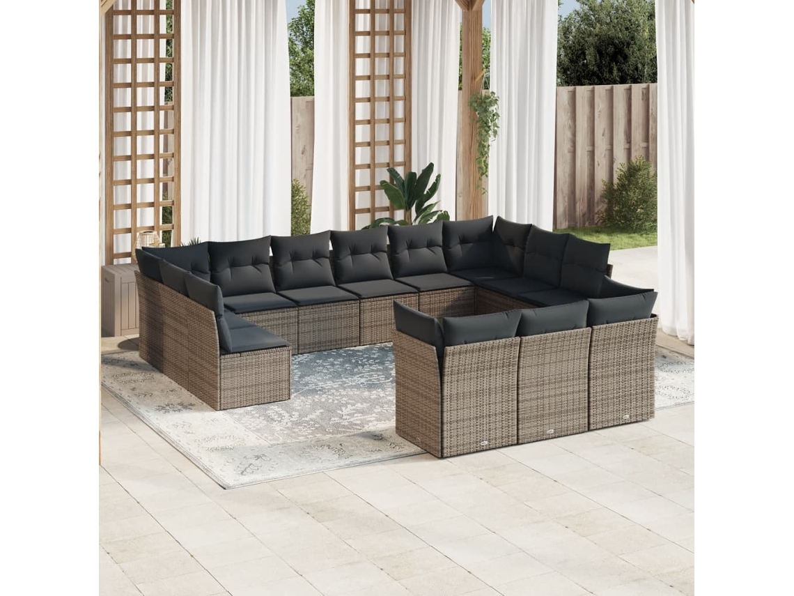 Vidaxl 13 Pcs Conjunto Sofás P/ Jardim C/ Almofadões Vime Pe Cinzento