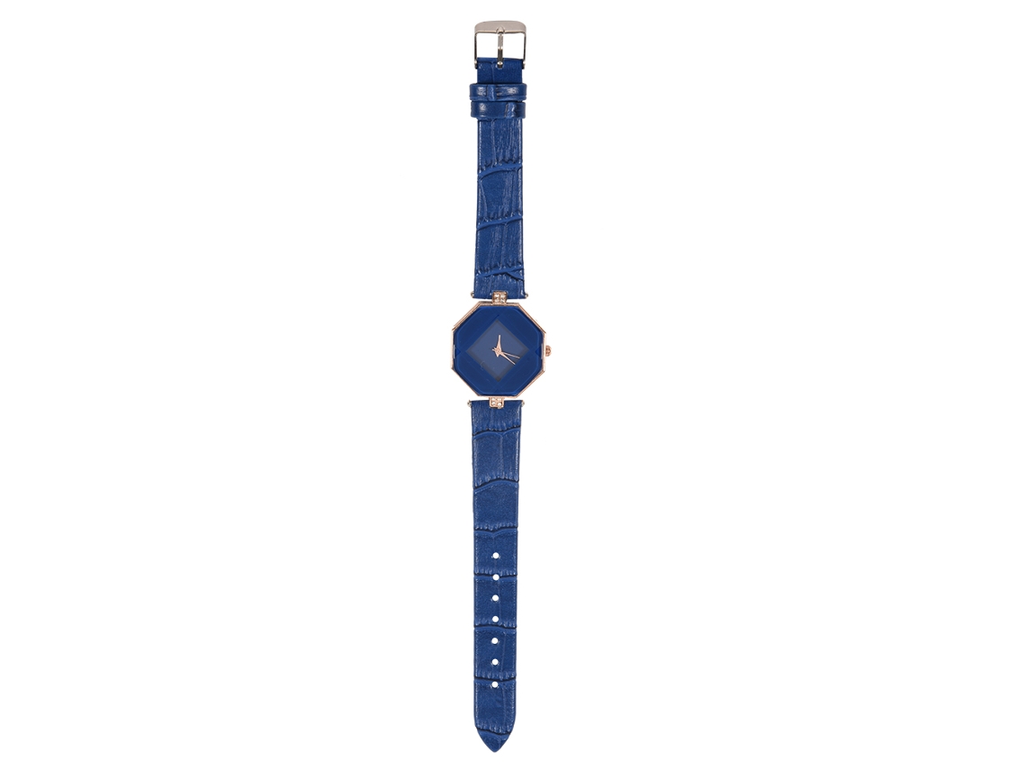 Relógio Feminino de Pulso Analógico com Mostrador Romboide, Quartzo, Strass e Pulseira Pu (azul)