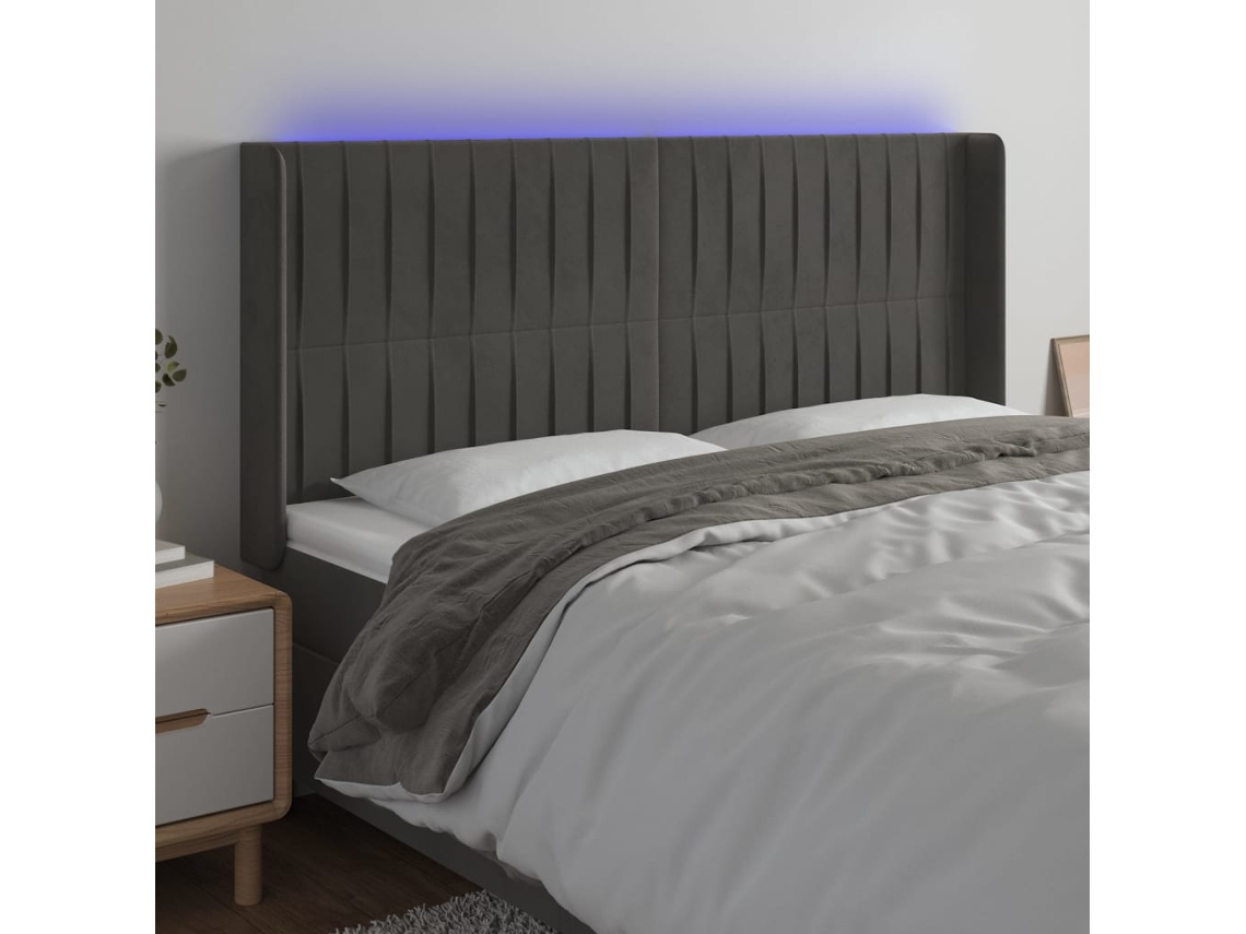 Vidaxl Cabeceira De Cama C/ Led Veludo 203x16x118/128 Cm Cinza-escuro