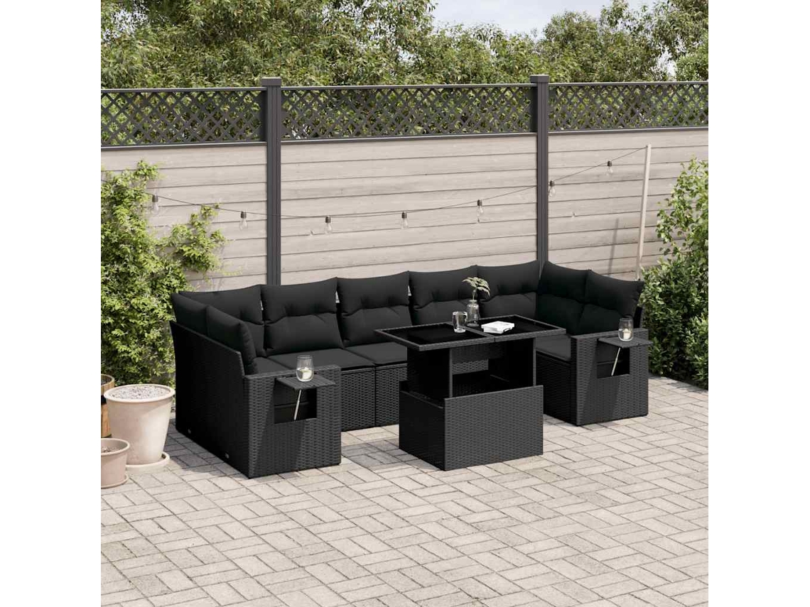 Vidaxl 8 Pcs Conjunto Sofás de Jardim com Almofadões Vime Pe Preto