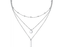 Colar feminino de prata esterlina S925 com três camadas e extensor, estilo geométrico multicamadas.