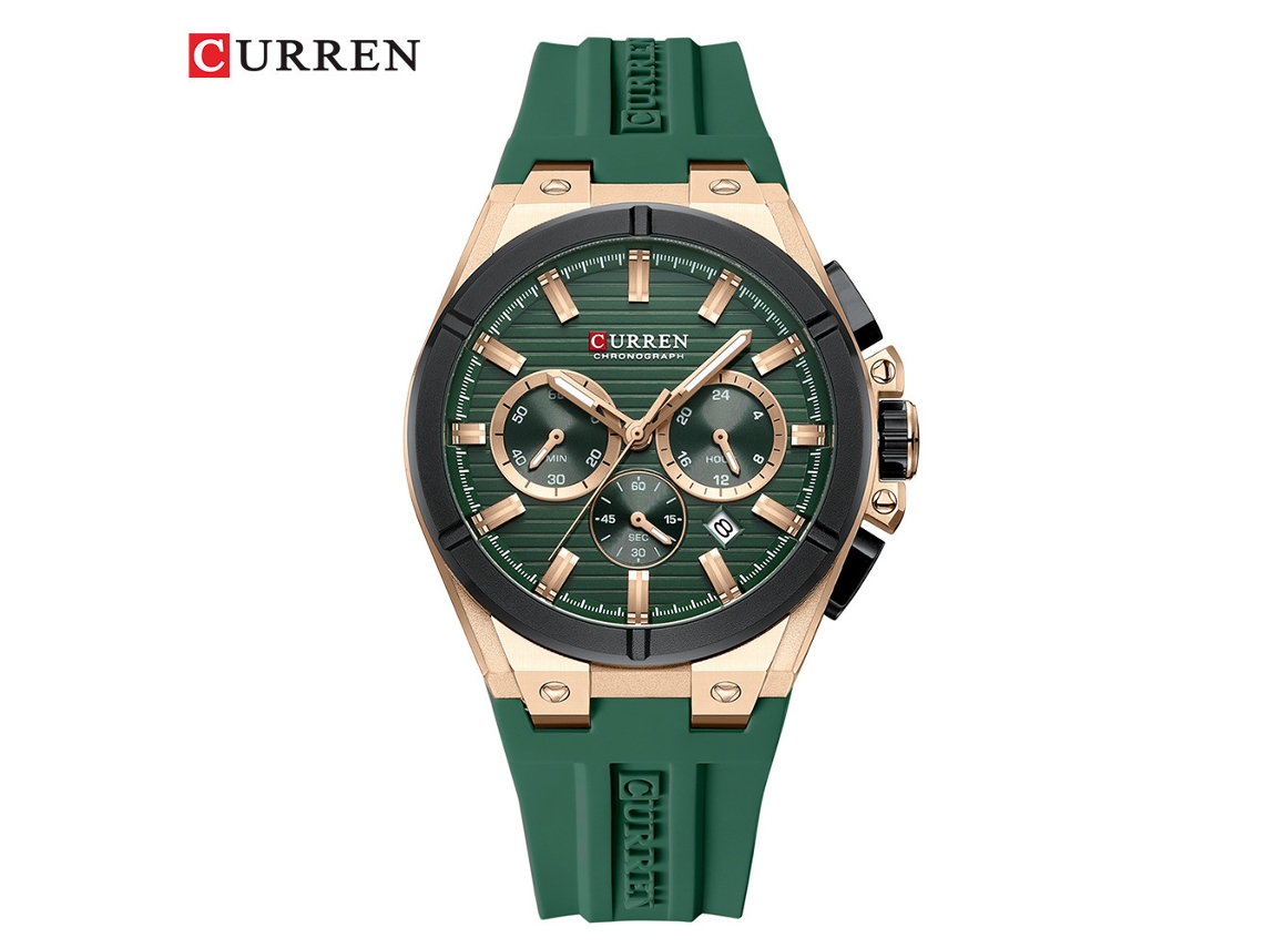 Relógio Masculino , Seis Ponteiros, Cronógrafo de Quartzo, Relógio Esportivo. MDUG (pulseira Verde, Caixa Rosa, Mostrador Verde)