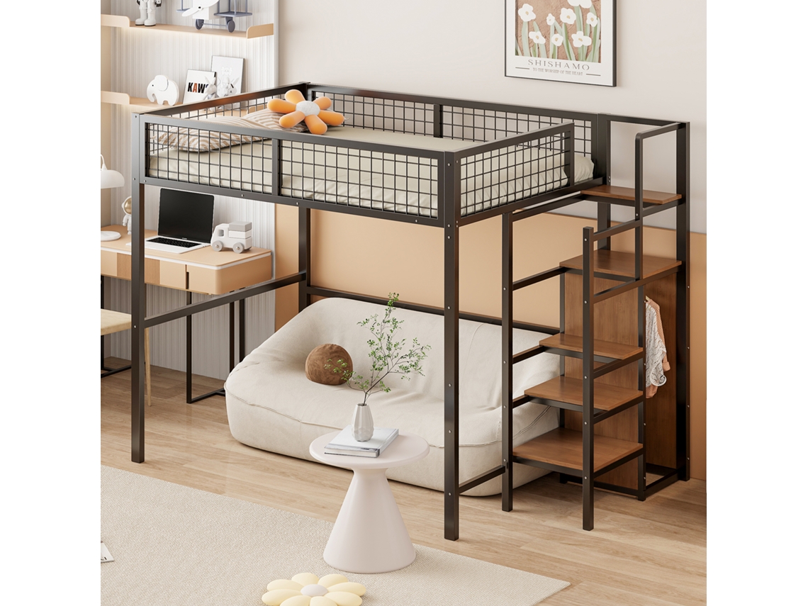 Cama Mezzana 140*200 Com Escada, Berço Com Estrutura De Ferro E Prateleira De Armazenamento, Guarda-roupa Preto-op