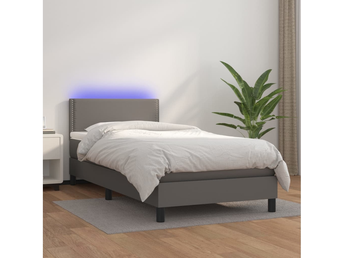 Vidaxl Cama Box Spring C/ Colchão/led 100x200cm Couro Artificial Cinza