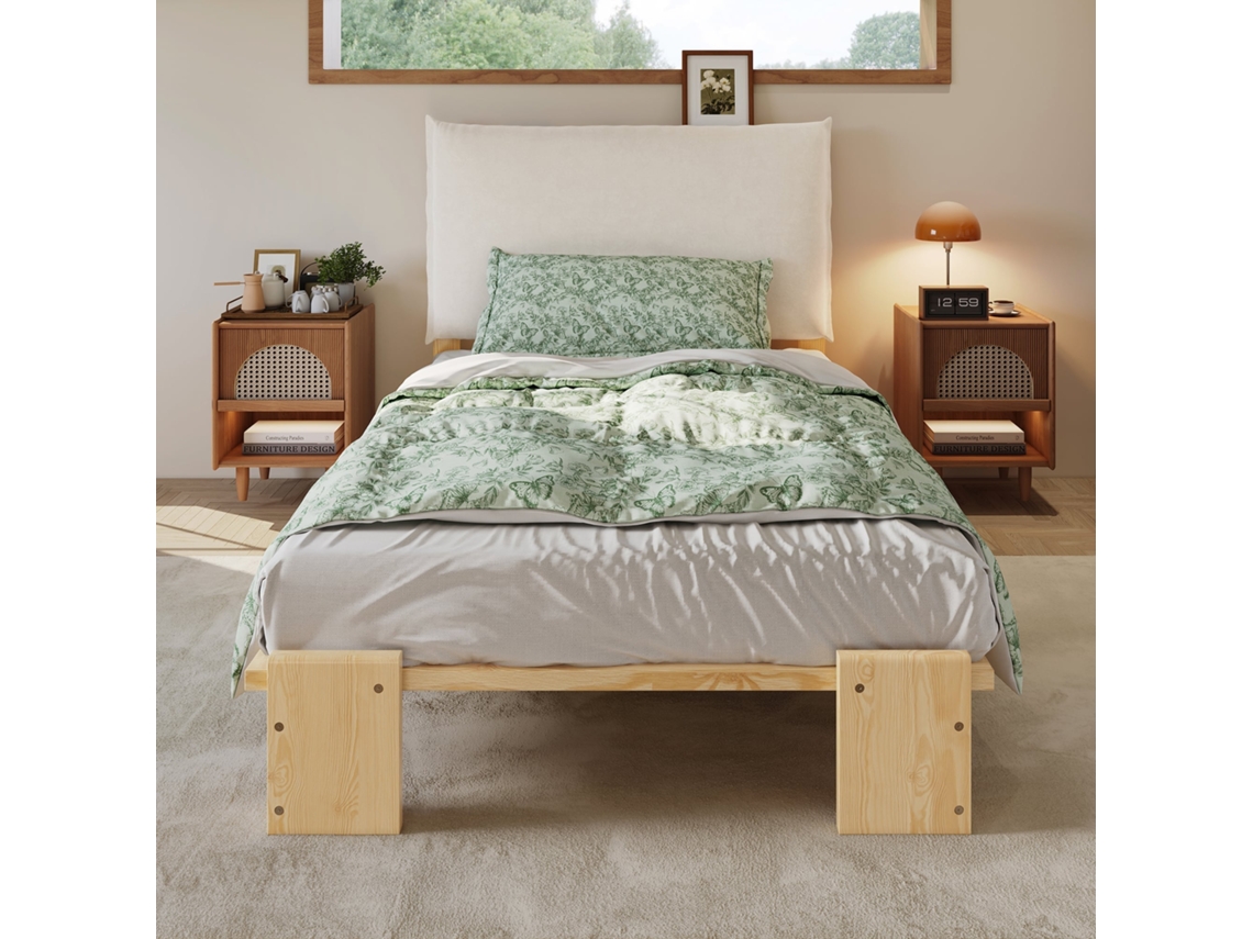 Cama Infantil Estofada 90x200cm, cabeceira acolchoada com velcro, ripas resistentes, pés largos, capacidade 120kg, sem colchão, natural, KOMHTOM