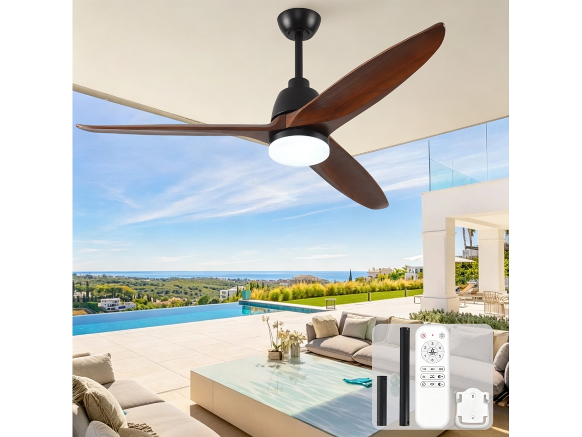 Ventilador de Teto Hyundai 56 polegadas Com Luz LED, Três Pás de Madeira, 3cct, Seis Velocidades E comando à distância