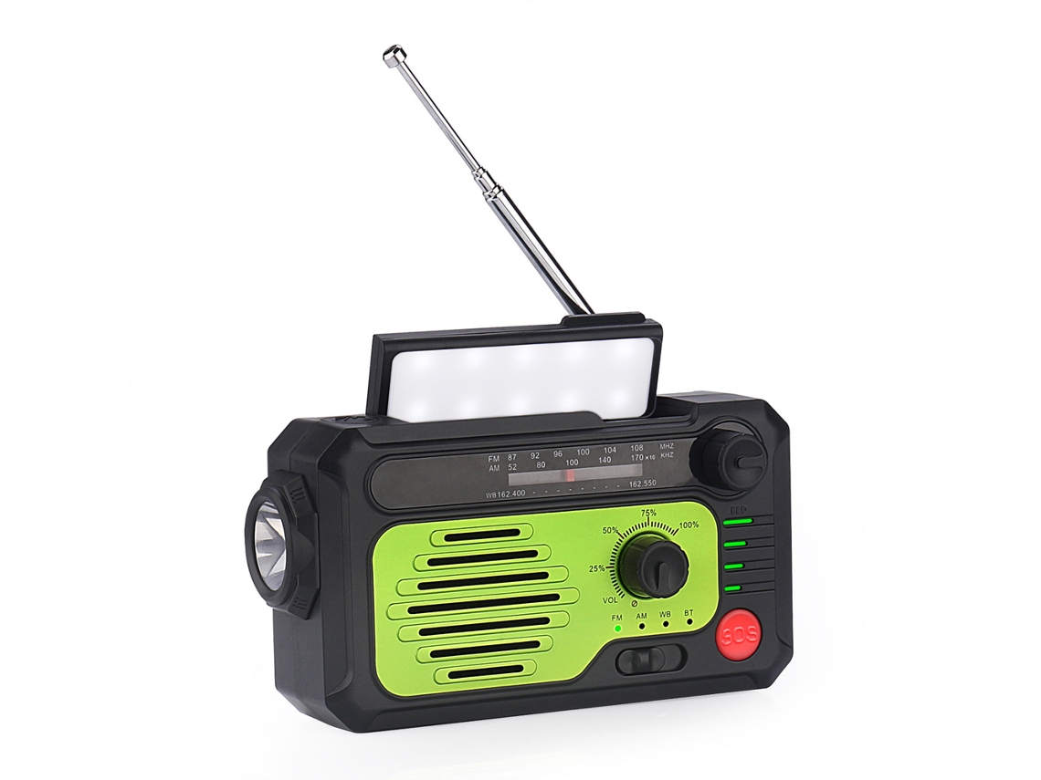 Rádio de Emergência Solar com Manivela, Multifuncional, Lanterna, Bluetooth, Verde AQUAFORGE