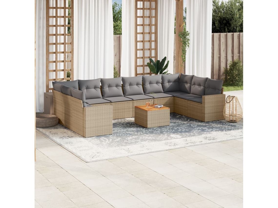 Vidaxl 11 Pcs Conjunto Sofás De Jardim C/ Almofadões Vime Pe Bege