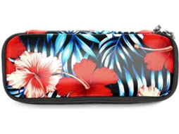 Caixa organizadora vermelha de grande capacidade com estampa de flores e folhas tropicais, ideal para escola, mesa de trabalho e adultos.