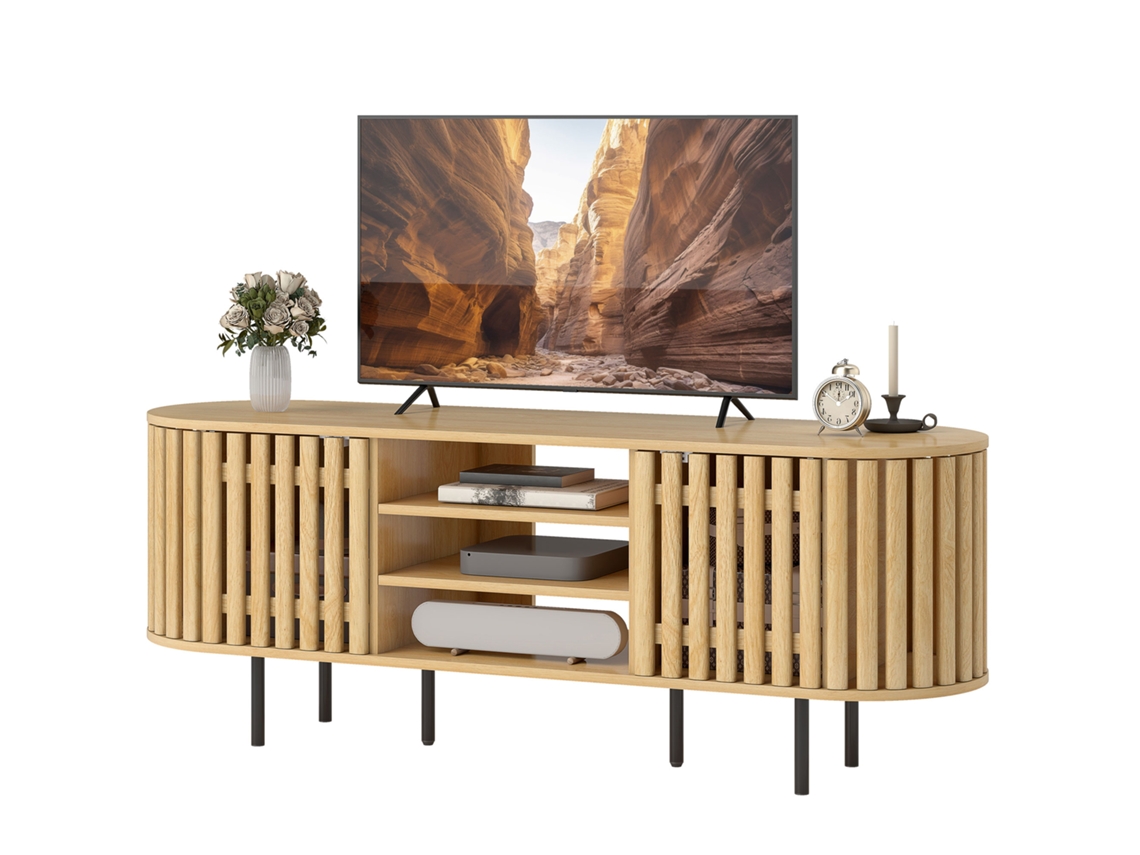 Suporte Tv De 60 Polegadas Com 2 Portas De Ripas, 140x40x52cm, Estrutura Em Madeira Natural