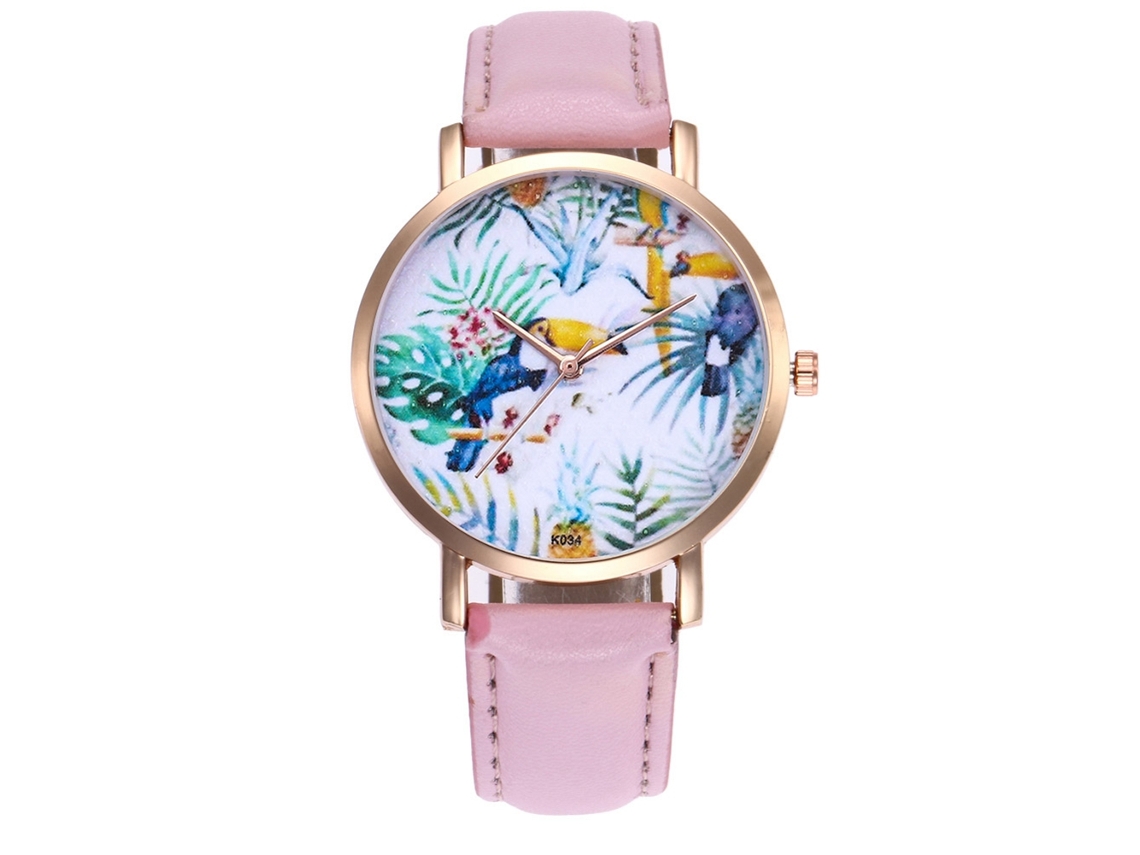 Relógio Feminino Fashion de Couro Pulseira Redonda com Movimento de Quartzo Rosa