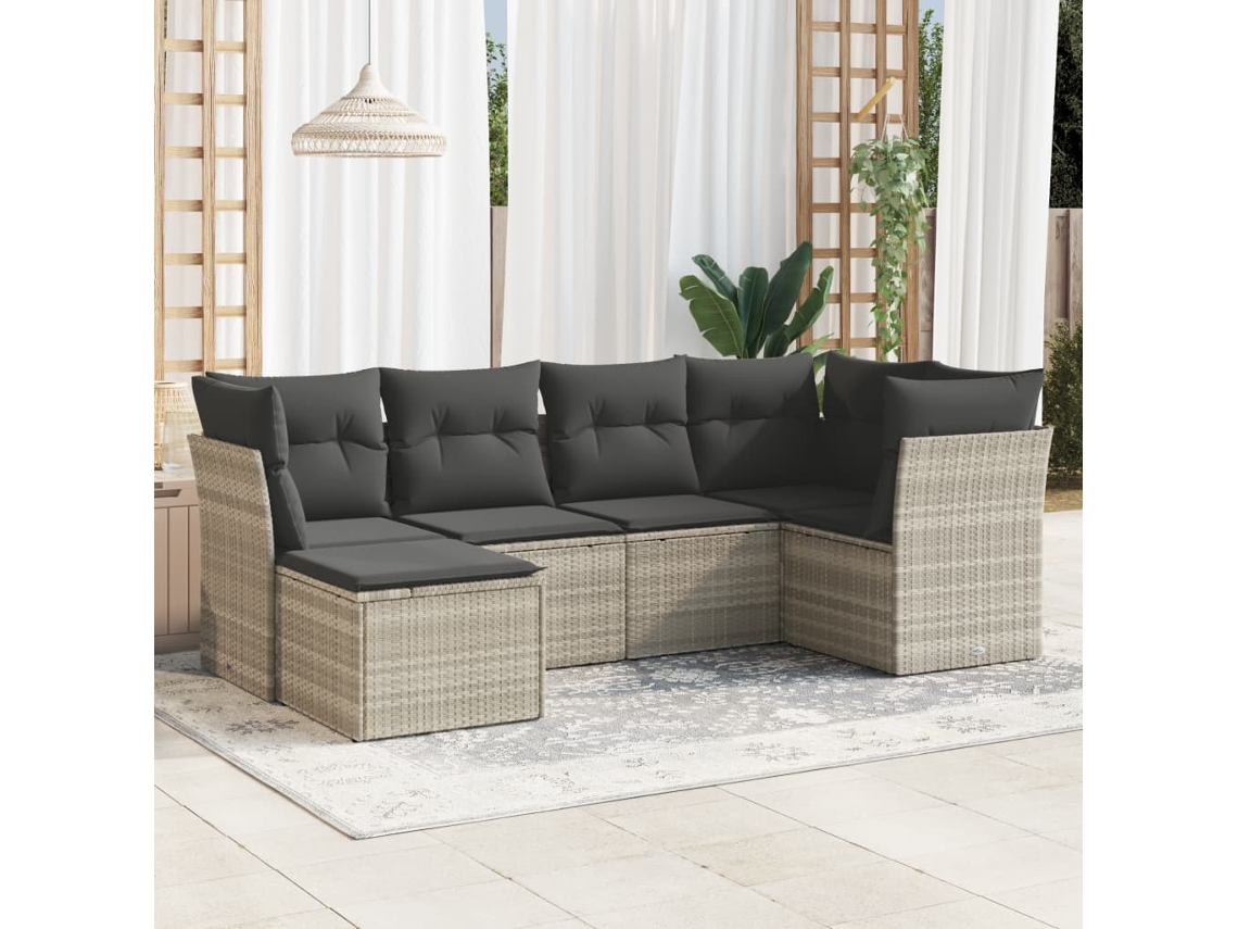 Vidaxl 6 Pcs Conj. Sofás Jardim Com Almofadões Vime Pe Cinzento-claro