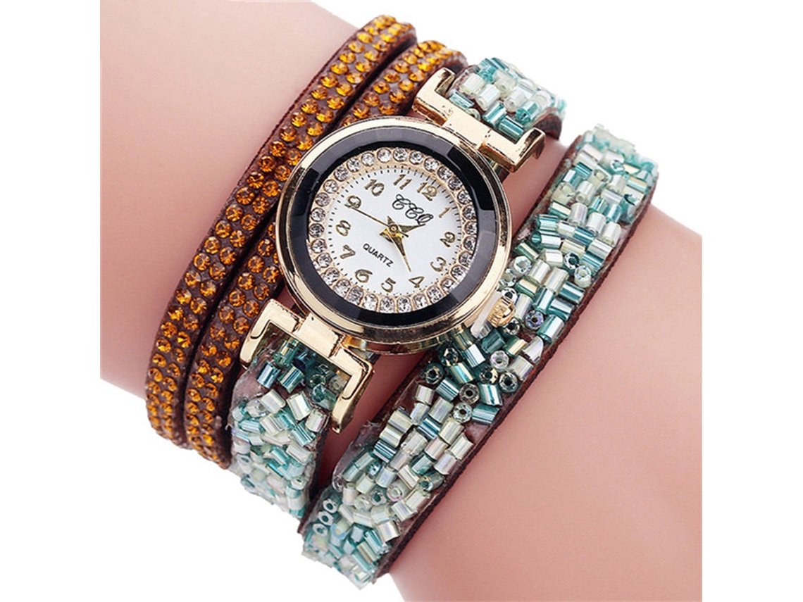 Relógio de Pulso Feminino de Quartzo com Pulseira Multicamadas e Cristais Coloridos (marrom)