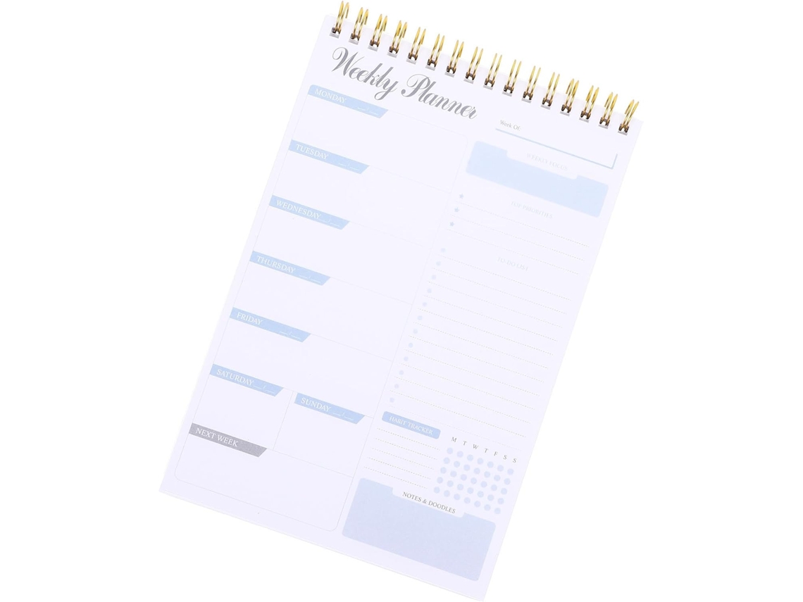 Agenda semanal A5 em papel branco e liga de alumínio, com design delicado e sem adesivo.