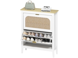 Sapateira Estreita Com 2 Portas Em Vime E Prateleiras Ajustáveis Para 14 Pares De 105x24x95,5 Cm Branco