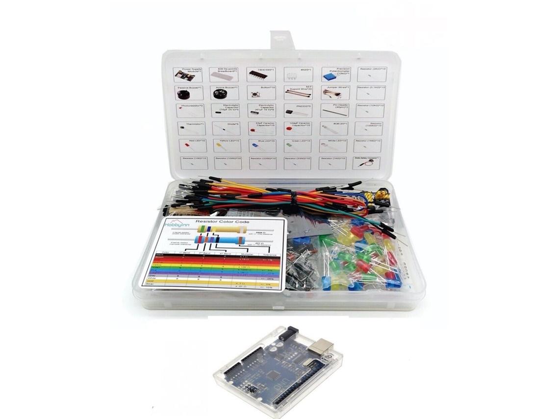 Kit Inicial de Componentes Eletrônicos com Protoboard 830 Pinos e Módulo de Alimentação Compatível com Arduino Uno R3