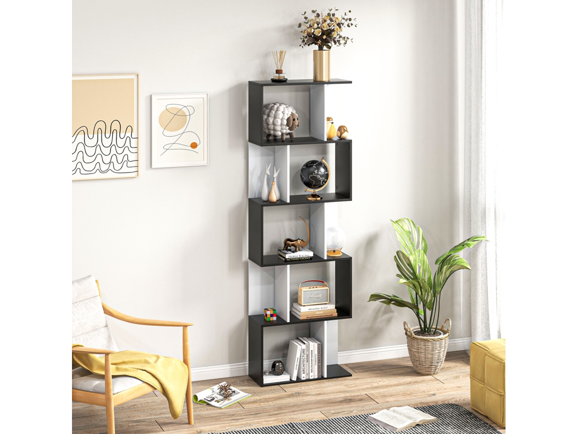 Estante Para Livros Prateleiro Alta De Parede Com 5 Níveis Em Forma S Desenho Moderno 60x24x184.5 Cm Branco E Preto