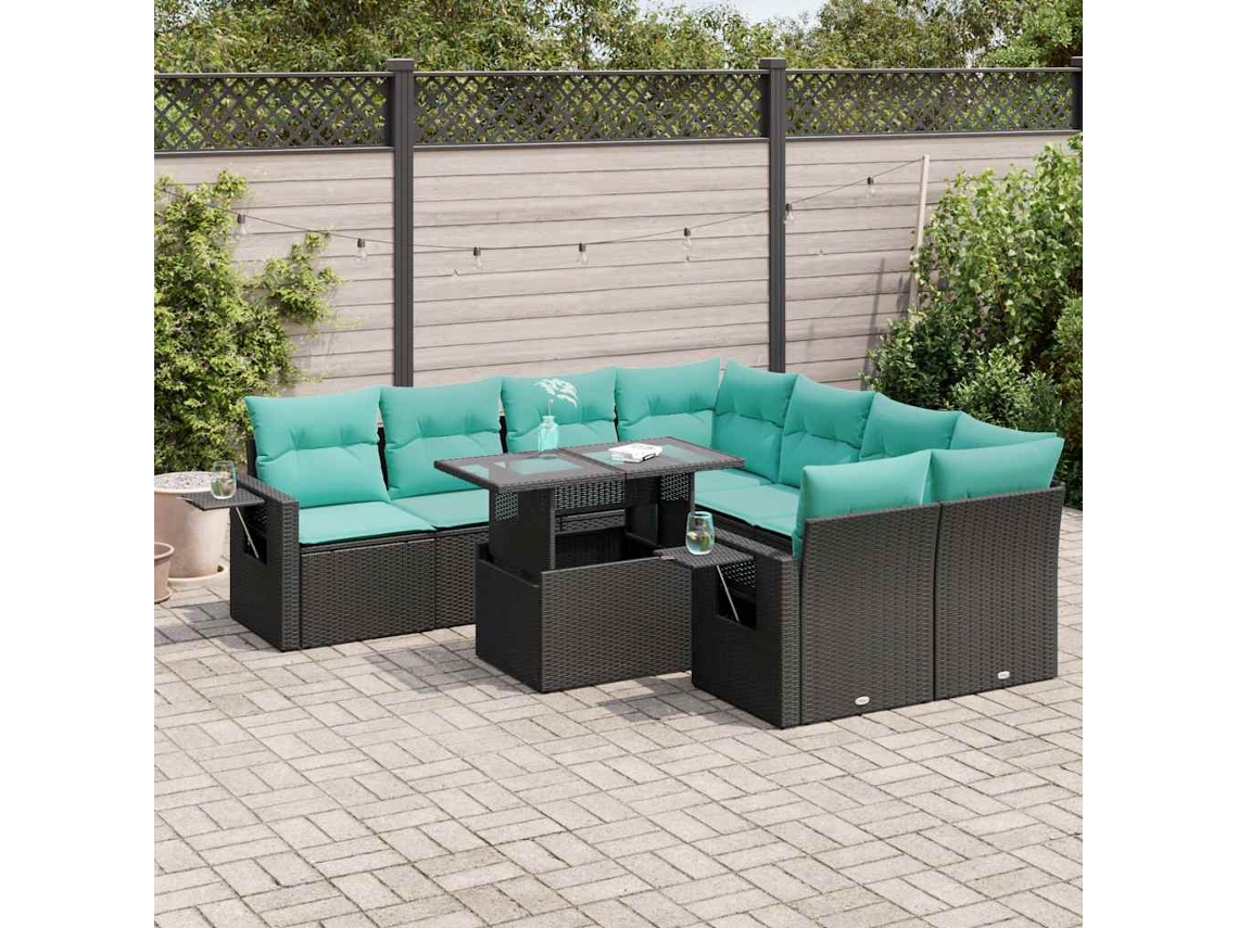 Vidaxl 9 Pcs Conj. Sofás Jardim C/ Almofadões Vime Pe/acácia Preto