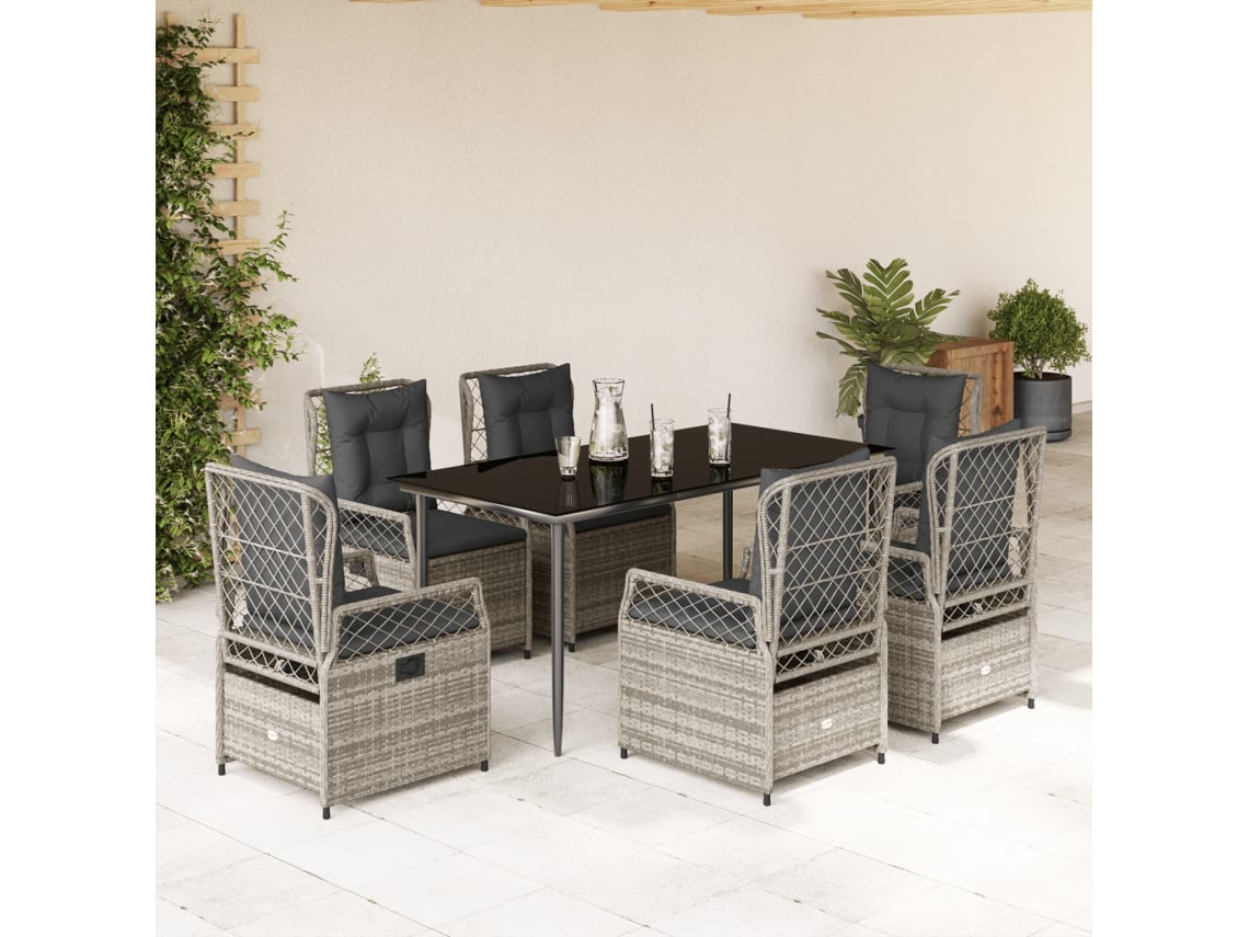 Vidaxl 7 Pcs Conjunto De Jantar P/ Jardim C/ Almofadões Vime Pe Cinza