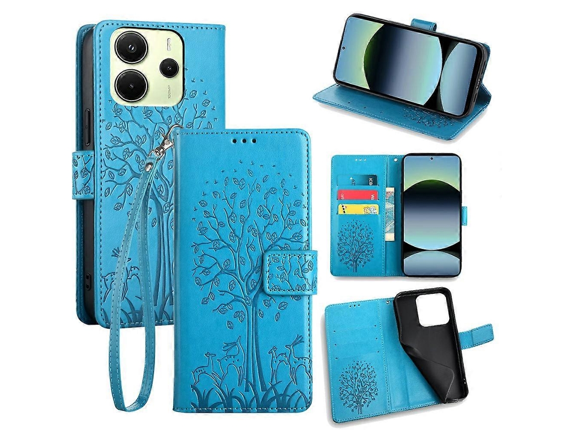 Capa Tipo Carteira De Couro Sintético Com Estampa De Árvore E Veado Azul Para Xiaomi Redmi Note 14 4g (163,25 X 76,55 X 8,16 Mm)
