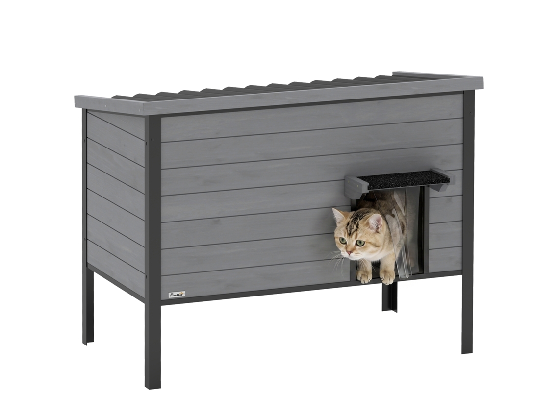 Casa de Gatos À Prova de Intempéries com Telhado Articulado Entrada Removível no Piso para 1 2 Gatos de Até 12 Kg 85x55x70 Cm Cinza Claro Ge