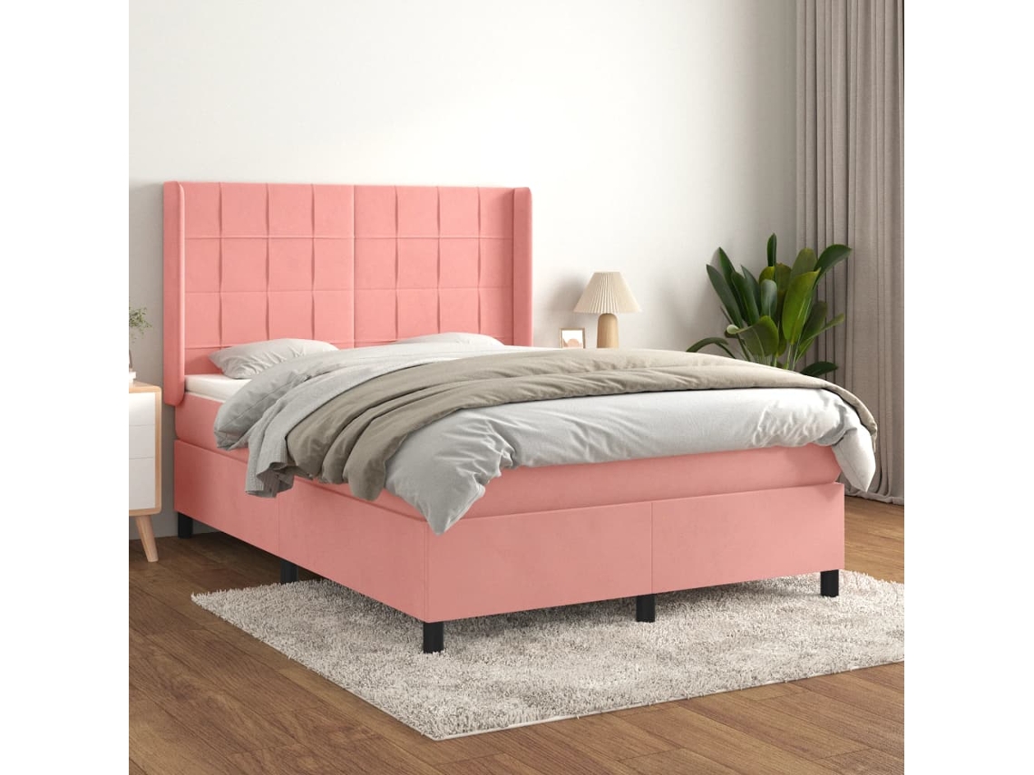 Vidaxl Cama Com Molas/colchão 140x190 Cm Veludo Rosa
