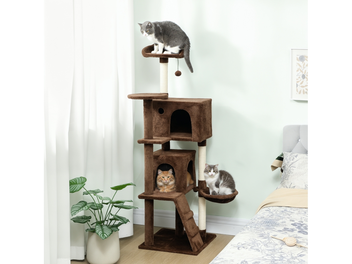 Arranhador De 160 Cm Com Plataformas, Cama, 2 Tocas, Rede, Escada E Postes De Sisal Marrom.