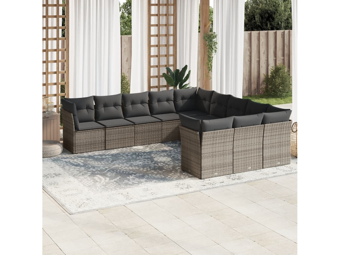 Vidaxl 11 Pcs Conjunto Sofás de Jardim C/ Almofadões Vime Pe Cinzento