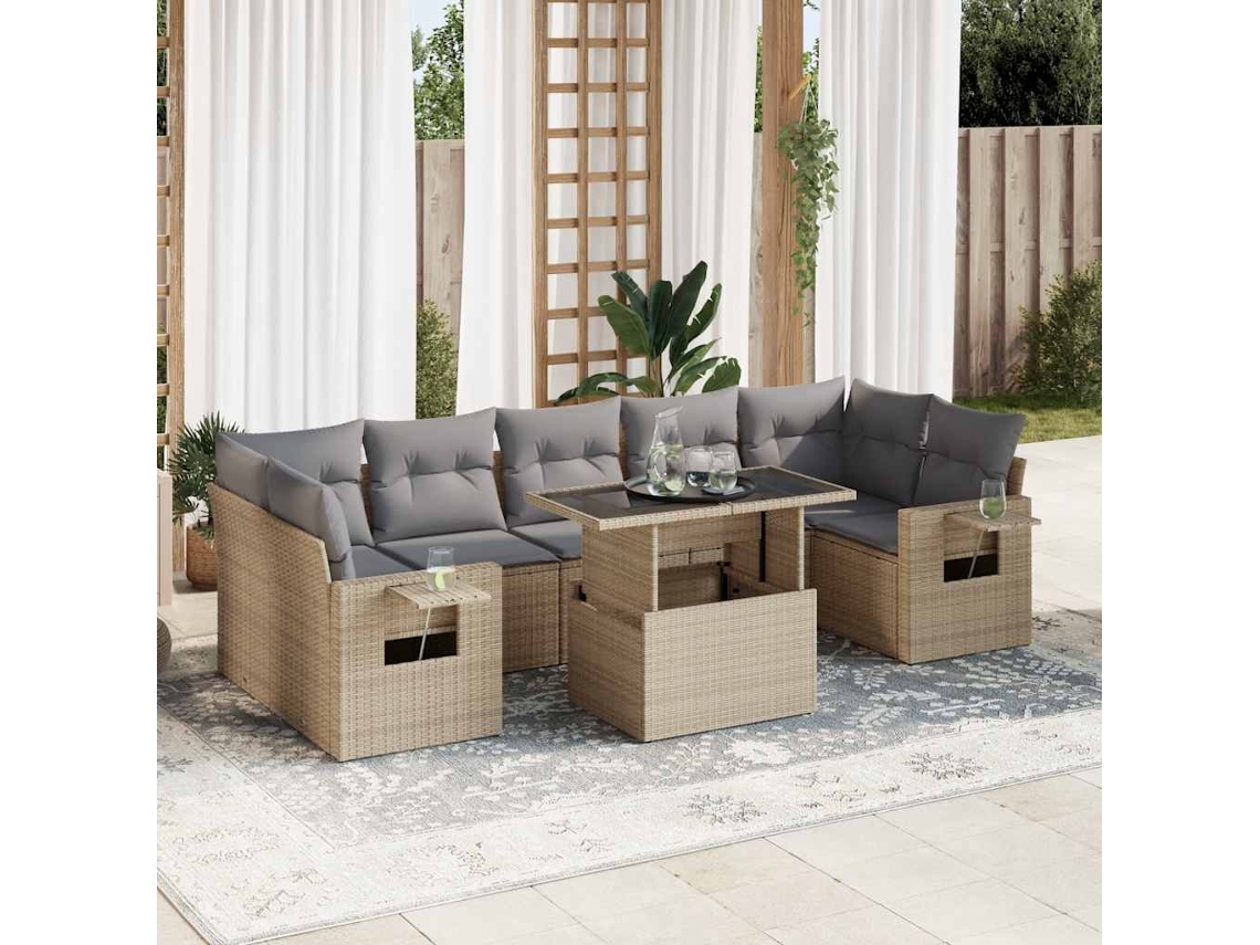 Vidaxl 8 Pcs Conjunto de Sofás P/ Jardim com Almofadões Vime Pe Bege