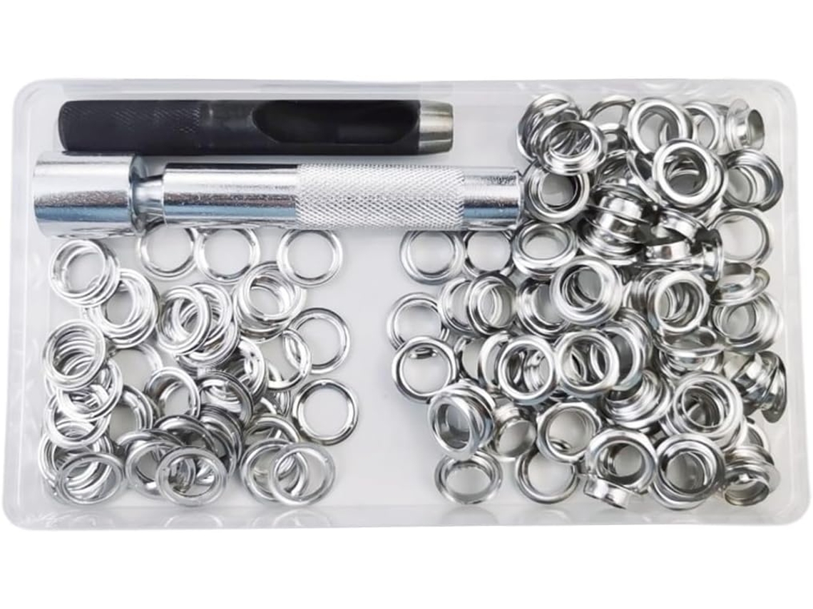 Conjunto de 100 Ilhós metálicos para reparar sapatos, bolsas e cintos.