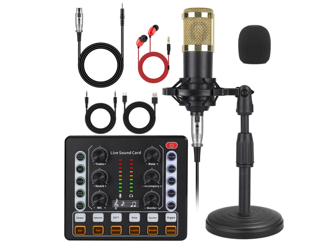 Kit De Microfone Eifson M8 Com Misturador 6 Botões, Microfone E Base Redonda - Dourado