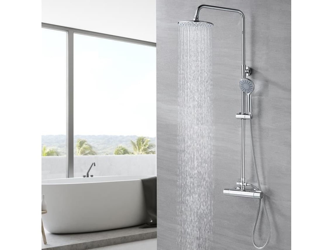 Coluna de Chuveiro Termostática 38 C Conjunto de Chuveiro Cromado com 3 Modos de Chuveiro de Mão Alto Ajustável 80-110 Cm AURALUM MAX (Outlet Caixa Aberta)