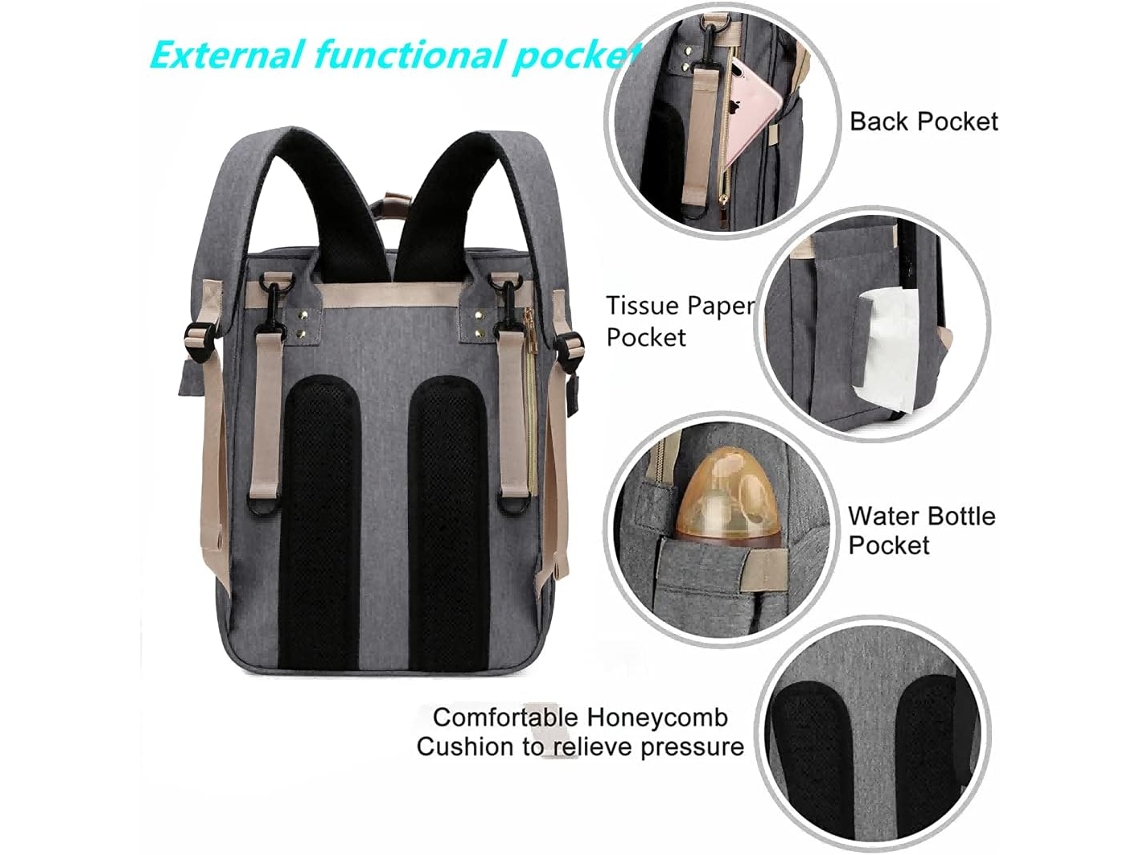 Bolsa de viagem dobrável multifuncional YWP, bolsa de fraldas portátil, bolsa de cama com capacidade, cinza