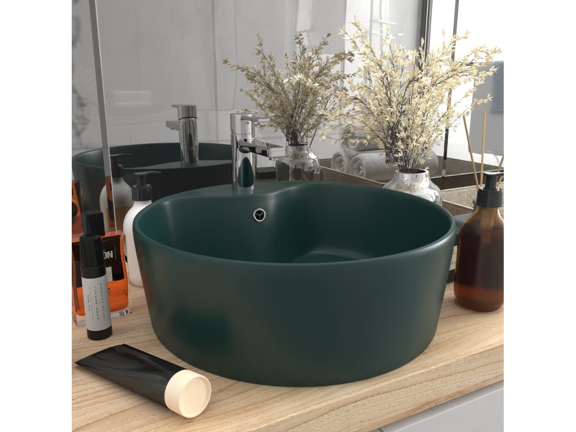 Vidaxl Lavatório C/ Extravasamento 36x13cm Cerâmica Verde-escuro Mate
