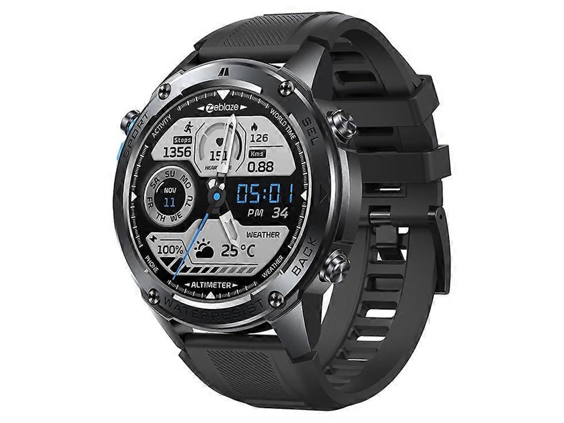 Smartwatch Zeblaze Stratos 2 Ultra com tela AMOLED de 1,43", chamadas Bluetooth, GPS, monitor de saúde e bicicleta elétrica.