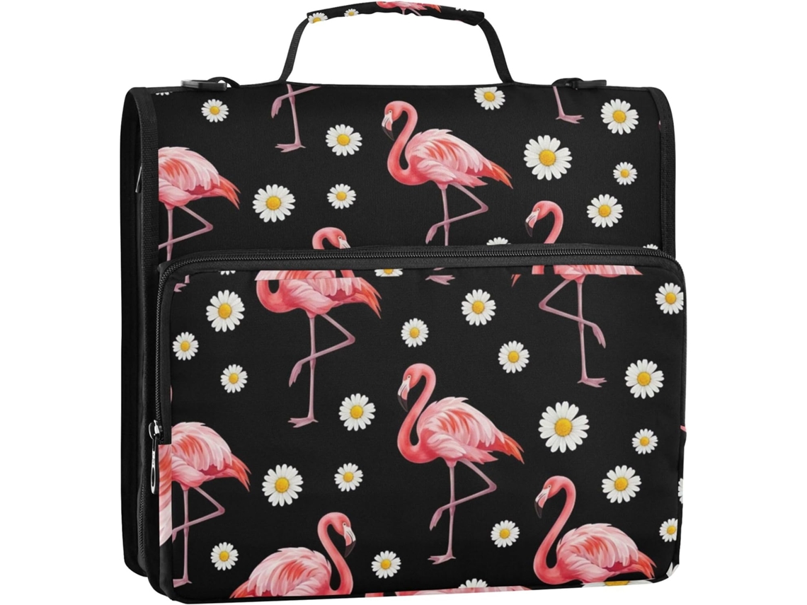 Pasta Organizadora Com 3 Argolas, Estampa De Flamingo Rosa, 3, 8cm De Altura, Com Zíper E Alça De Ombro, Ideal