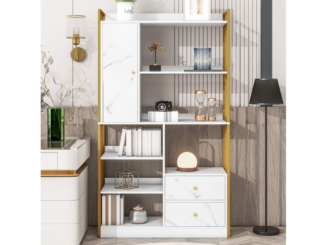 Estante Livros 6 Prateleiras, Portas E Gavetas, Estilo Industrial, Aço Branco Mármore Com Moldura Dourada.