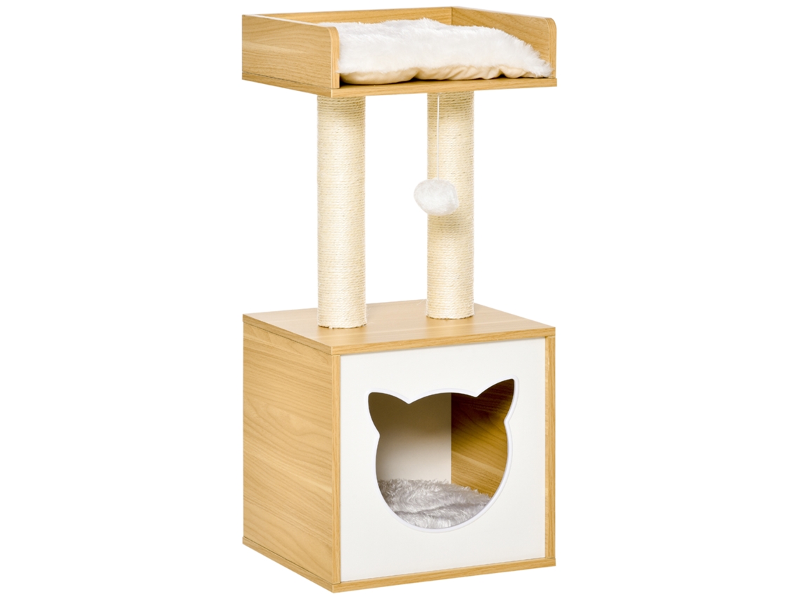 Casa de Gato com Arranhadores de Sisal. Almofadas e Bola Laváveis. 35x35x81cm. Carvalho Ge