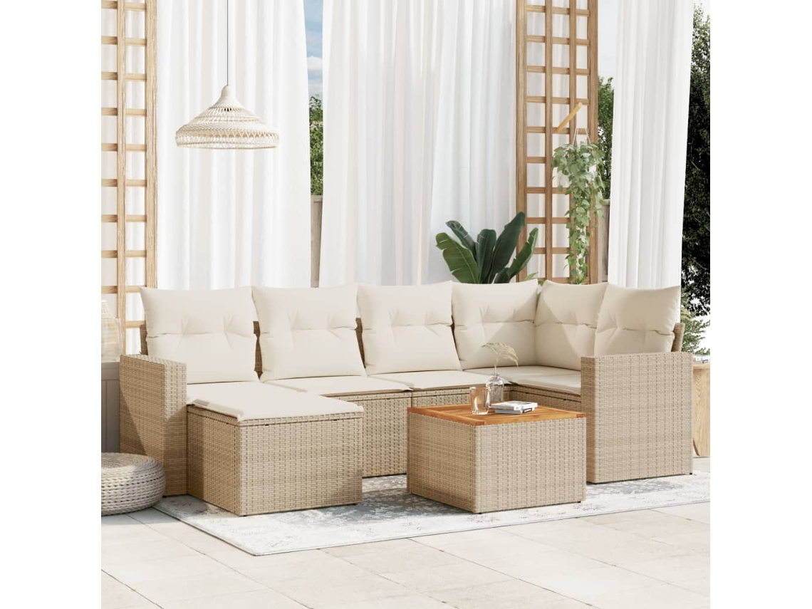 Vidaxl 7 Pcs Conjunto De Sofás P/ Jardim Com Almofadões Vime Pe Bege