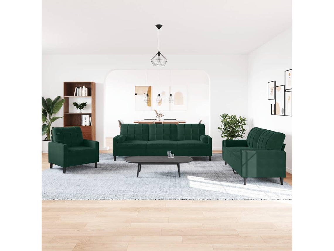 3 Pcs Conjunto Sofás com Almofadões e Rolos Veludo Verde escuro SYFAX