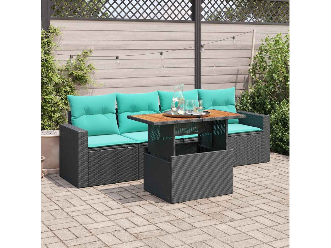 Vidaxl 5 Pcs Conjunto Sofás De Jardim Com Almofadões Vime Pe Preto