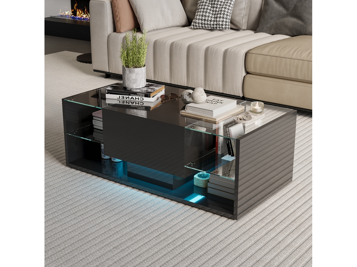 Mesa de Centro de Sala com Led RGB e Controle Remoto, Preta Brilhante, com Gaveta e 4 Vidros Temperados ROSAHQNDA